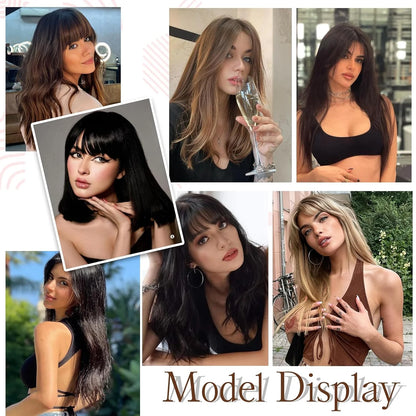 BangPro Realistic Bangs Hair Topper - side profile view of hair topper with natural bangs on woman