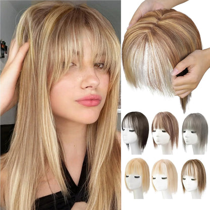 BangPro Realistic Bangs Hair Topper - product features callout showing clip placement and coverage