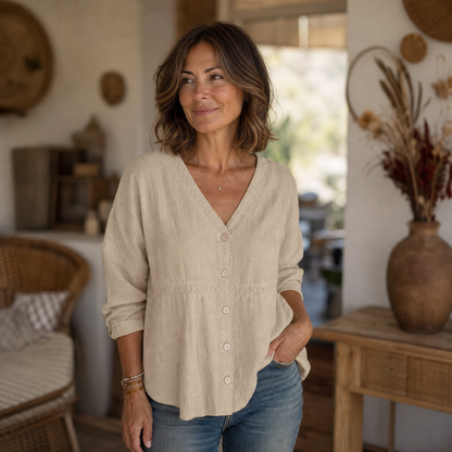 Bettina Todaro™ Elegant Everyday Blouse with Embroidered V-Neck