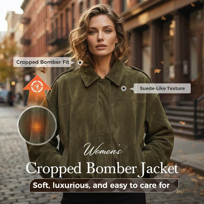 Bianca Women's Suede Cropped Bomber Jacket - main front view of the versatile suede bomber