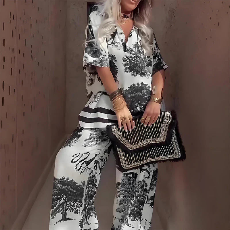 Bianca Women's Casual Printed V-Neck Set - main view of soft breathable matching top and pants