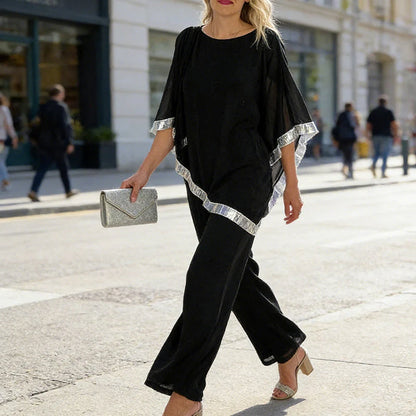 Bianca Marchetti Elegant Sequin Trim Poncho Top & Wide-Leg Pants Set - poncho drape close-up