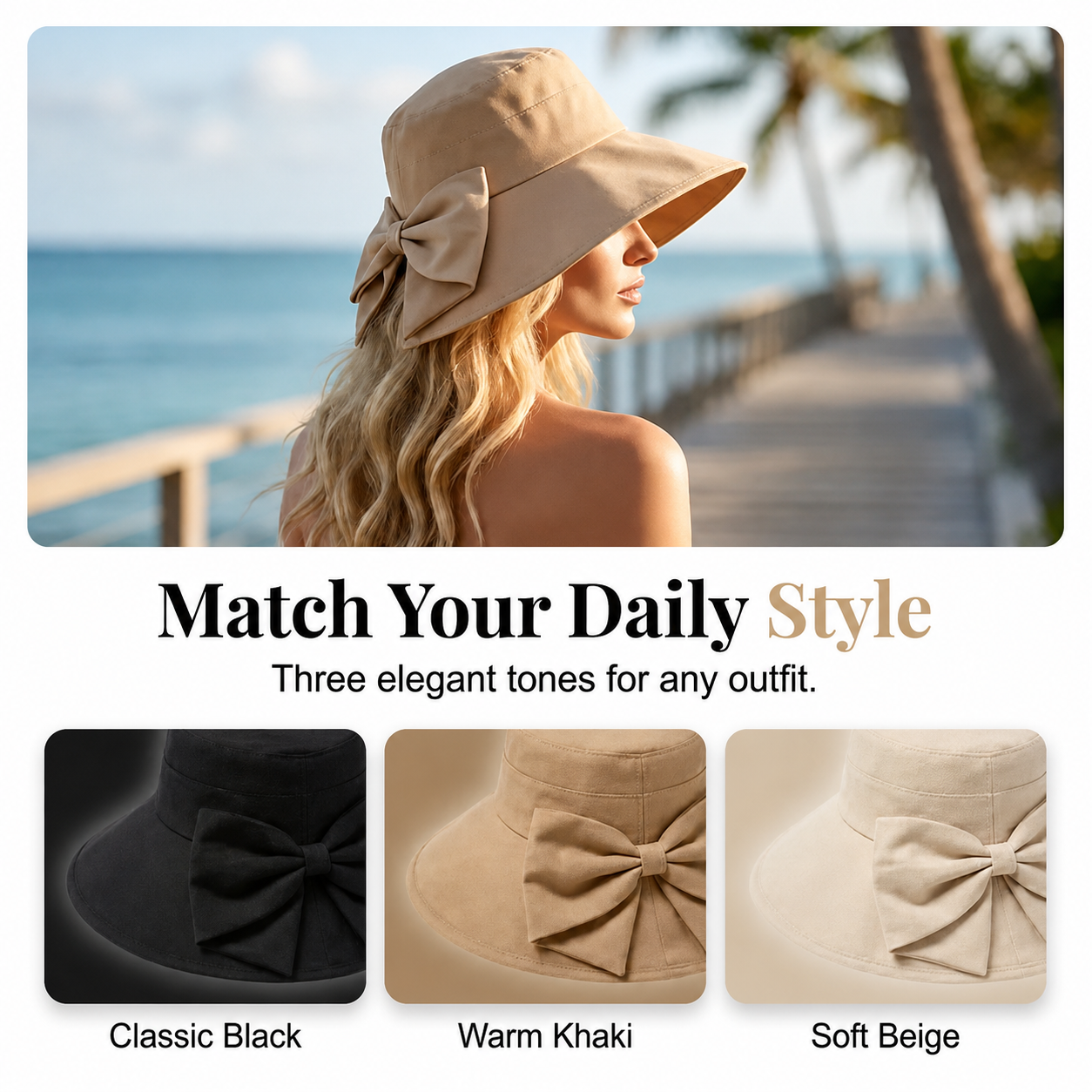 Brielle Sole™ Bowknot Wide Brim Hat for Sun Protection