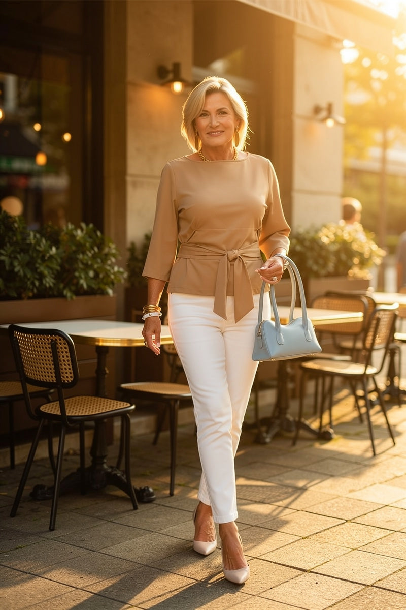 Brigida Argento™ Tie Waist Boat Neck Blouse