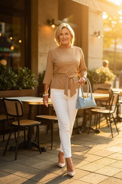 Brigida Argento™ Tie Waist Boat Neck Blouse