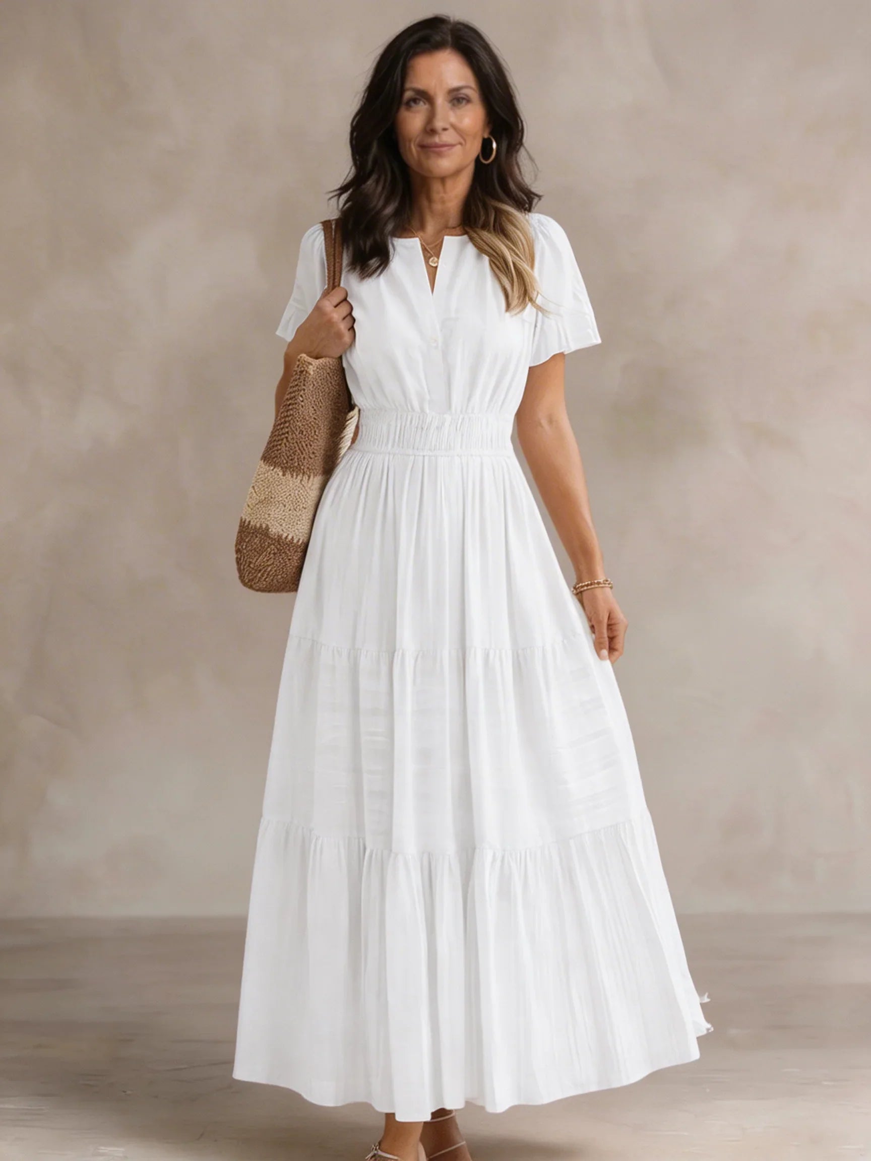 Brigida Gozzano Lightweight Maxi Dress - main front view of boho V-neck short sleeve dress with pockets