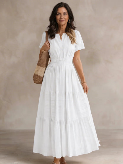 Brigida Gozzano Lightweight Maxi Dress - main front view of boho V-neck short sleeve dress with pockets