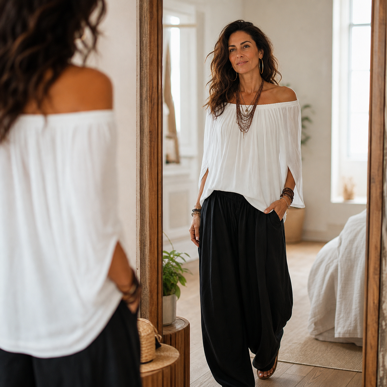Camilla Ulivelli™ Elegant Flowing Two-Piece Set with an Off-Shoulder Blouse