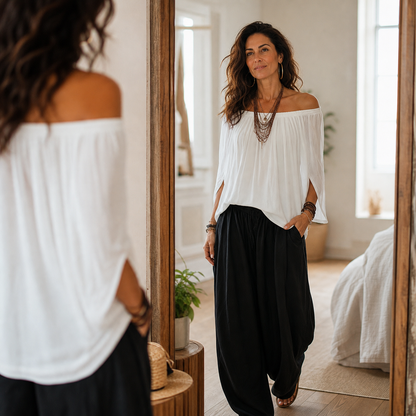 Camilla Ulivelli™ Elegant Flowing Two-Piece Set with an Off-Shoulder Blouse