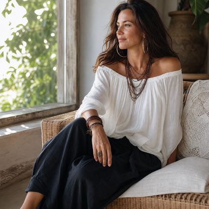 Camilla Ulivelli™ Elegant Flowing Two-Piece Set with an Off-Shoulder Blouse