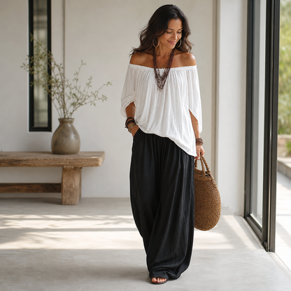 Camilla Ulivelli™ Elegant Flowing Two-Piece Set with an Off-Shoulder Blouse