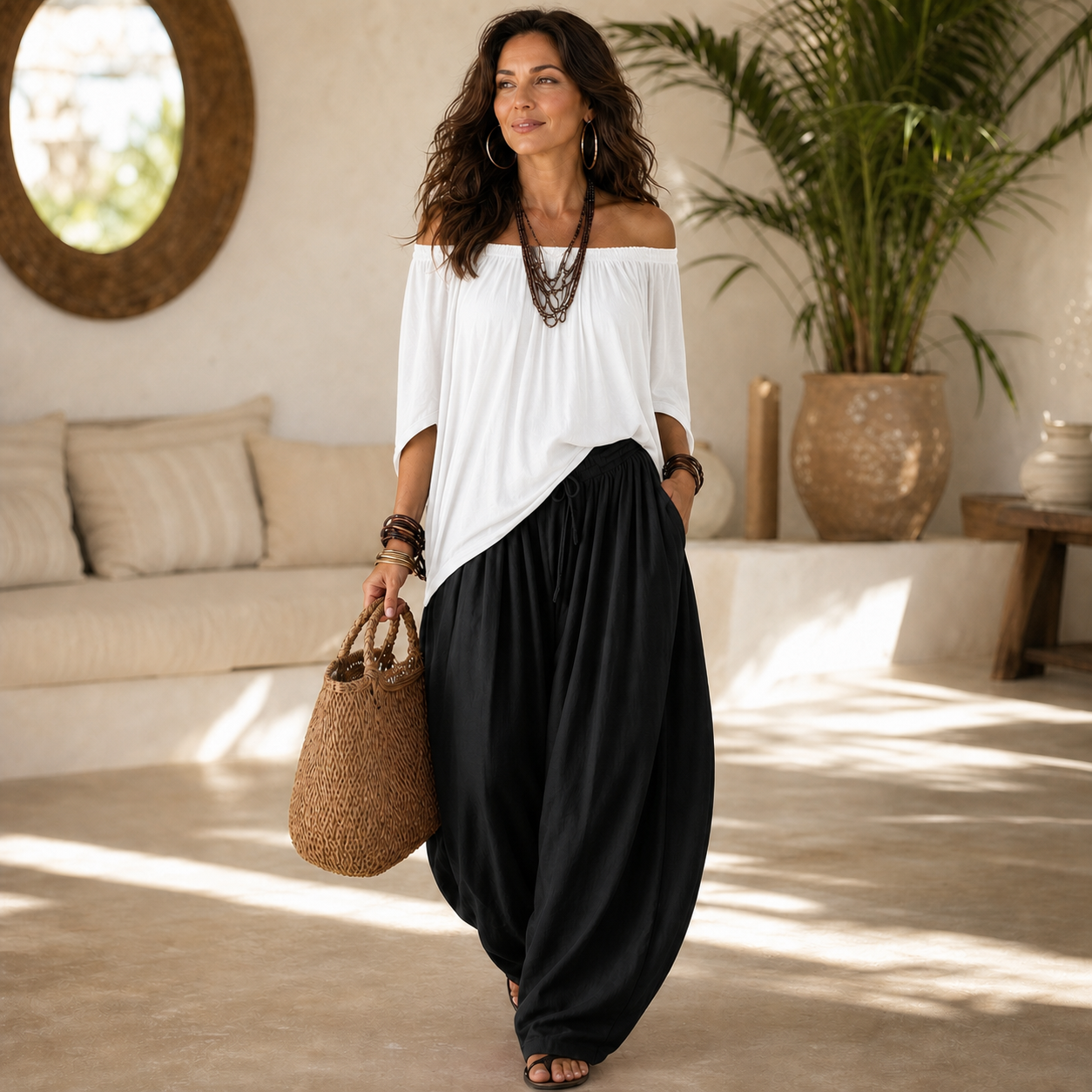 Camilla Ulivelli™ Elegant Flowing Two-Piece Set with an Off-Shoulder Blouse