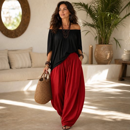 Camilla Ulivelli™ Elegant Flowing Two-Piece Set with an Off-Shoulder Blouse