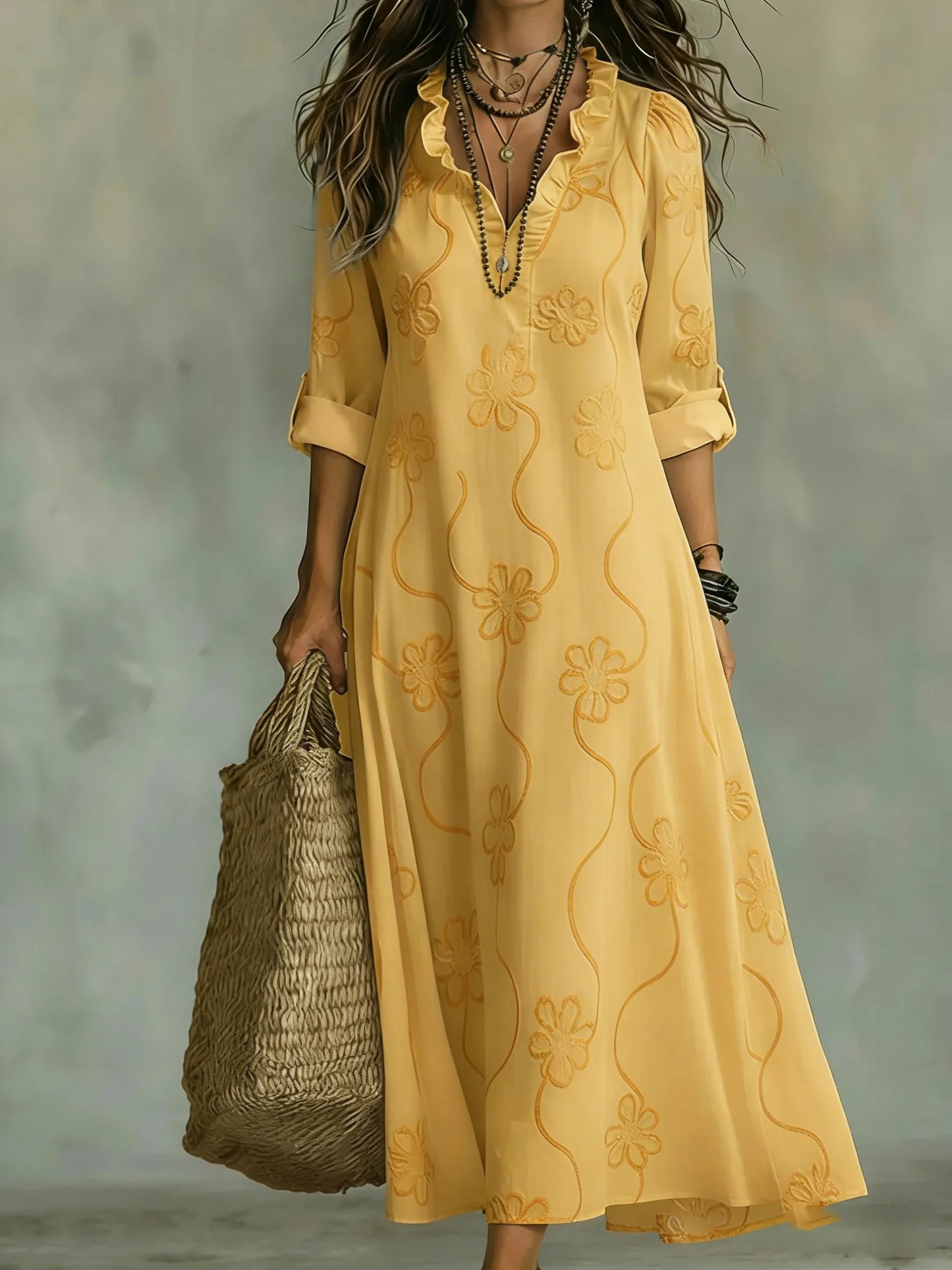 Carla Martinelli™ Feminine Floral Trapeze Dress with Ruffle Collar