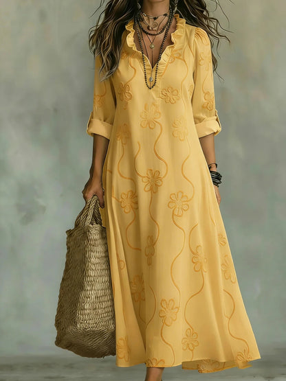 Carla Martinelli™ Feminine Floral Trapeze Dress with Ruffle Collar