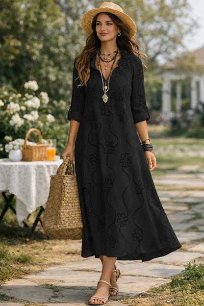 Carla Martinelli™ Feminine Floral Trapeze Dress with Ruffle Collar
