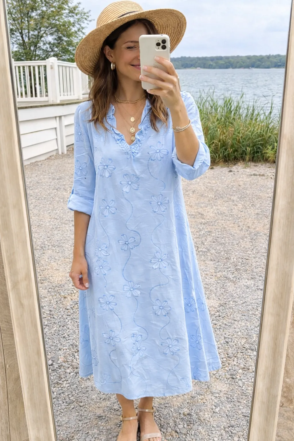Carla Martinelli™ Feminine Floral Trapeze Dress with Ruffle Collar