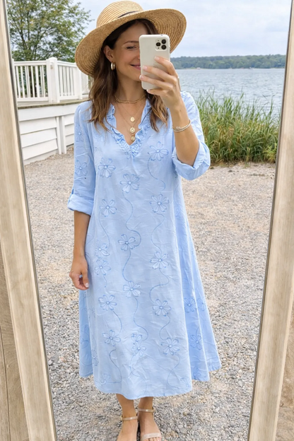 Carla Martinelli™ Feminine Floral Trapeze Dress with Ruffle Collar