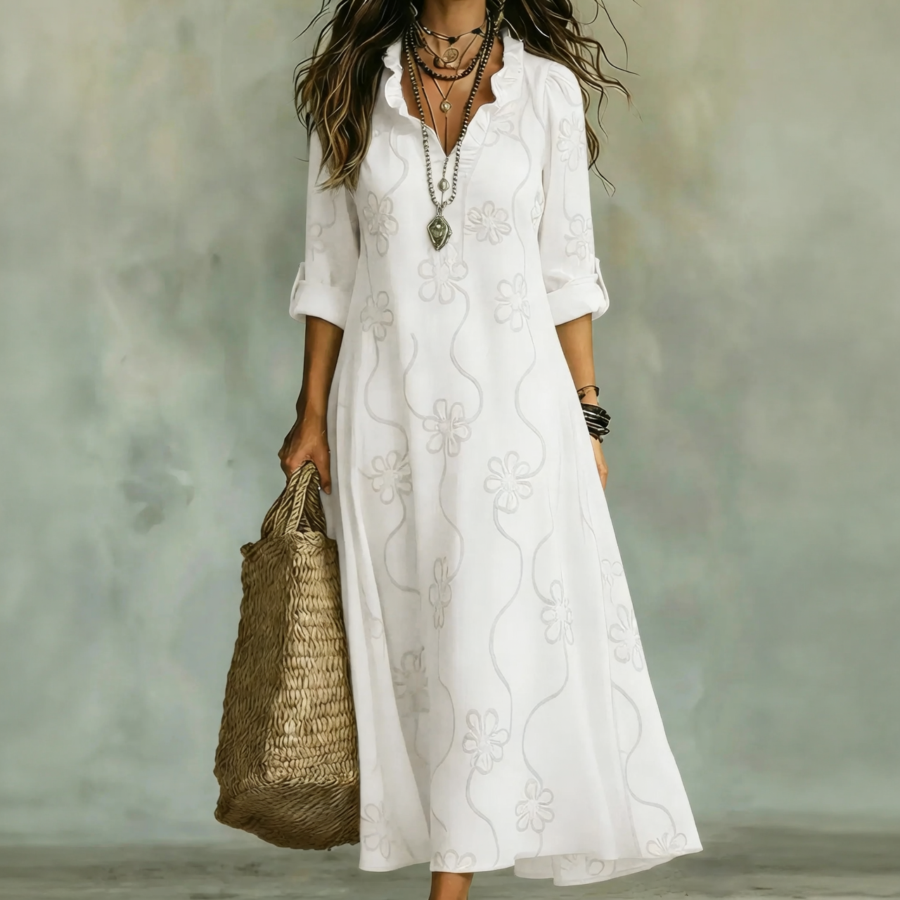 Carla Martinelli™ Feminine Floral Trapeze Dress with Ruffle Collar
