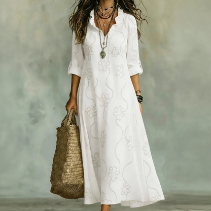 Carla Martinelli™ Feminine Floral Trapeze Dress with Ruffle Collar
