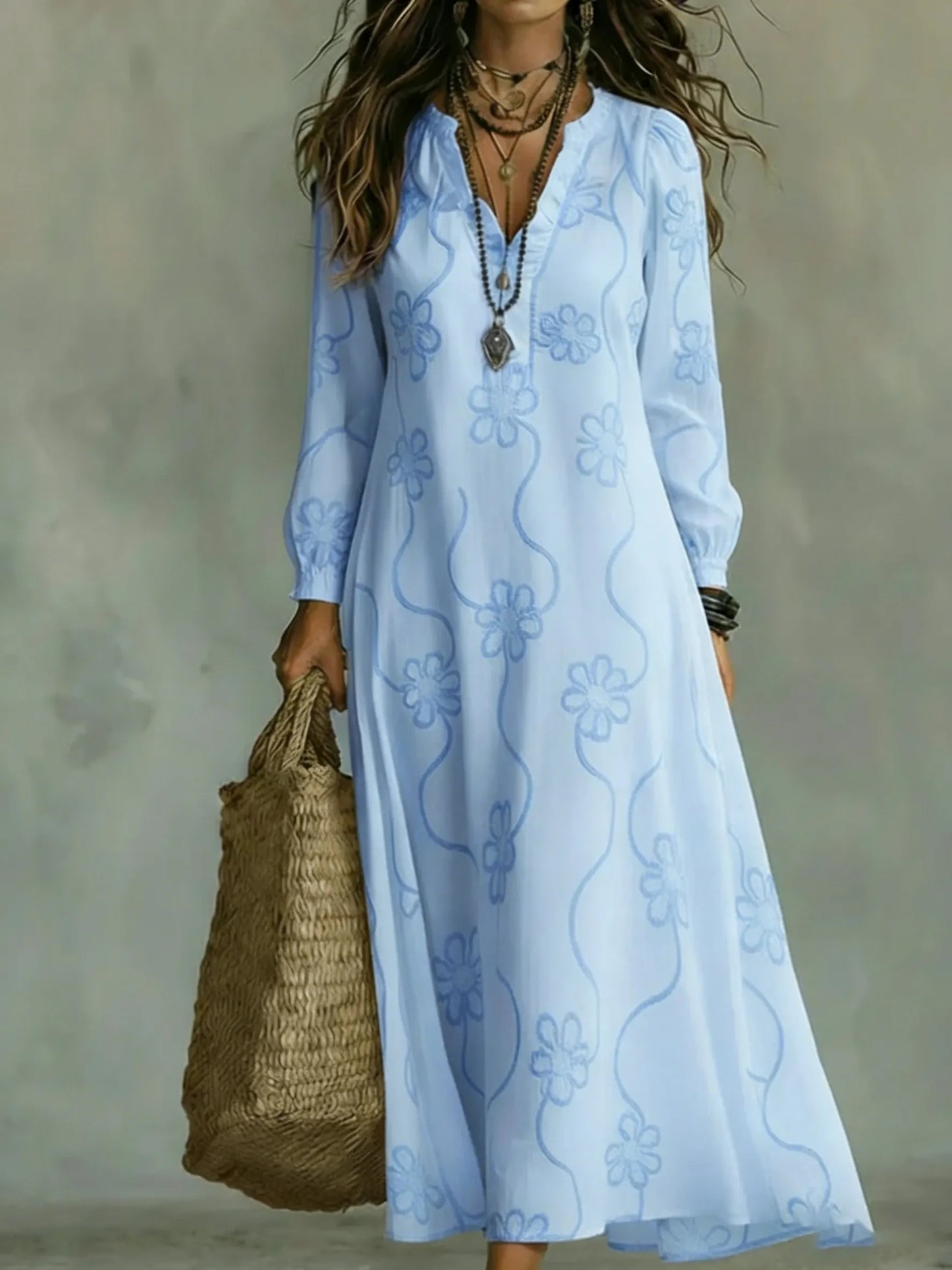 Carla Martinelli™ Feminine Floral Trapeze Dress with Ruffle Collar