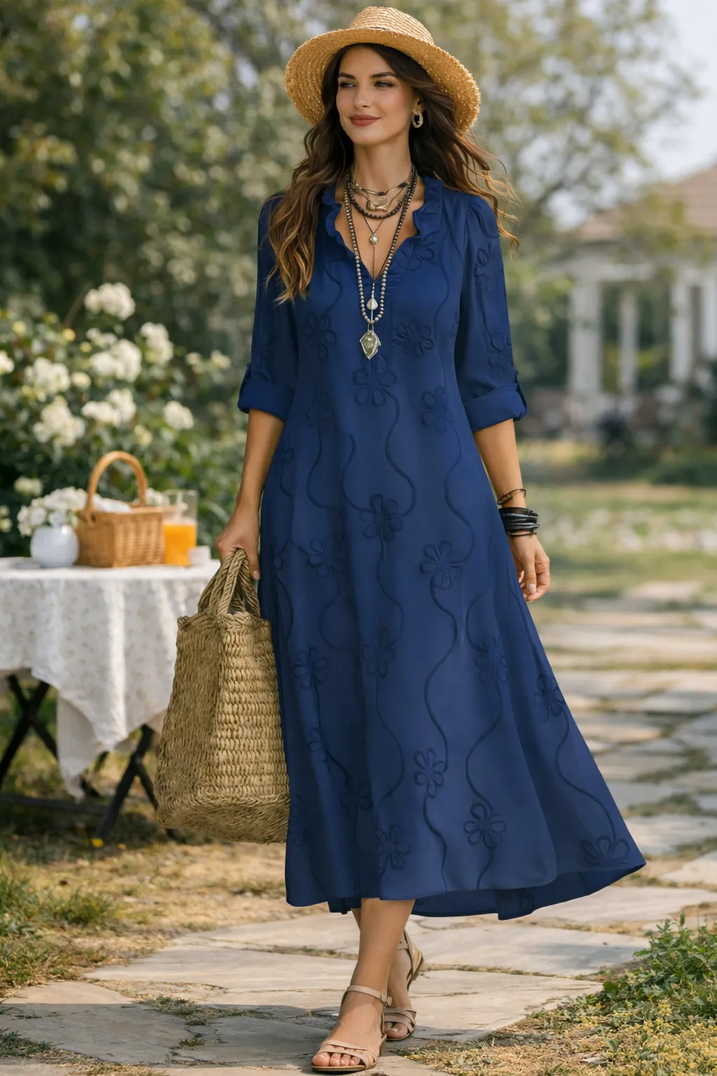 Carla Martinelli™ Feminine Floral Trapeze Dress with Ruffle Collar