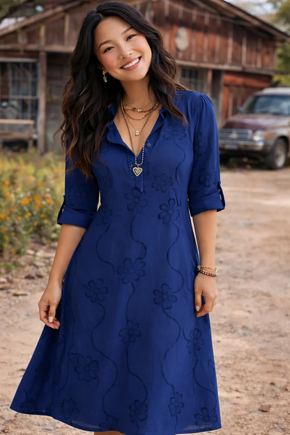 Carla Martinelli™ Feminine Floral Trapeze Dress with Ruffle Collar