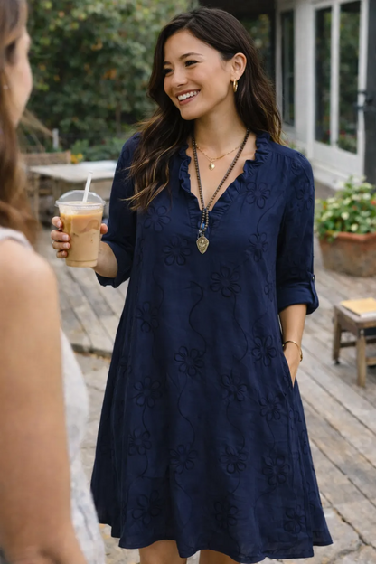 Carla Martinelli™ Feminine Floral Trapeze Dress with Ruffle Collar