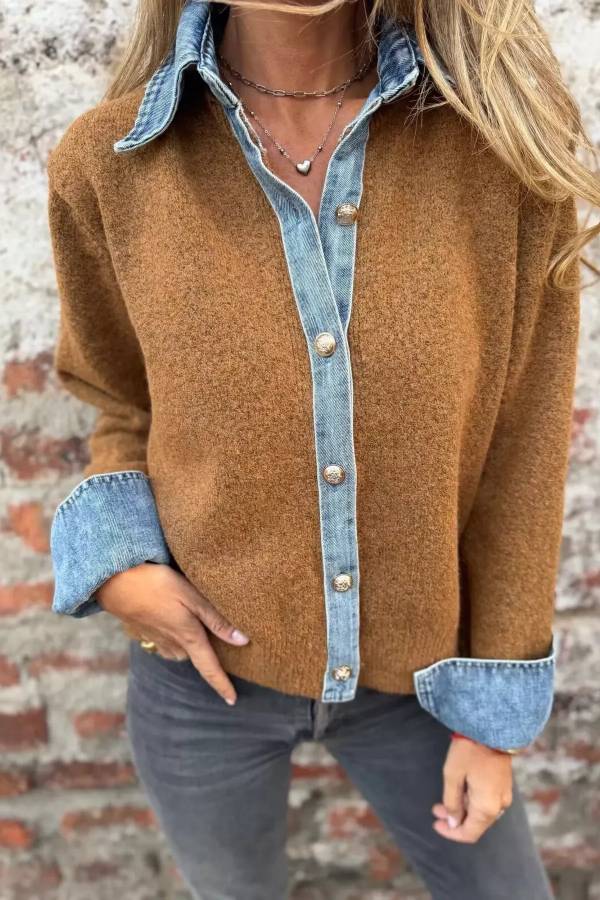 Cassandra Contrast Denim Trimmed Sweater Cardigan - main front view of the cardigan