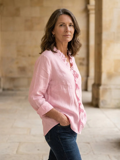 Caterina Ruffled V-Neck Casual Blouse - alternate front view showing ruffle neckline detail