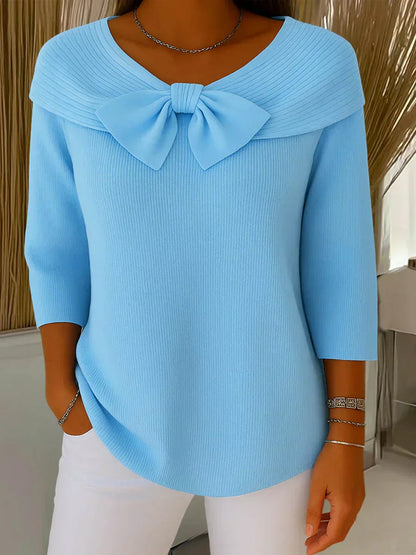 Caterina Elegant Knitted Bow Top - main front view of knitted top with bow detail