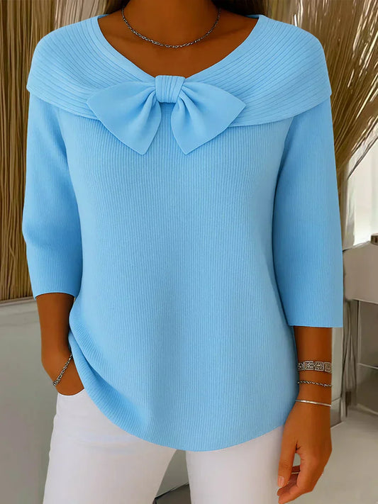 Caterina Elegant Knitted Bow Top - main front view of knitted top with bow detail