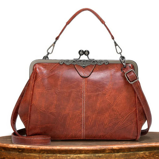 ClaspChic™ Elegant Kiss-Lock Leather Tote Handbag