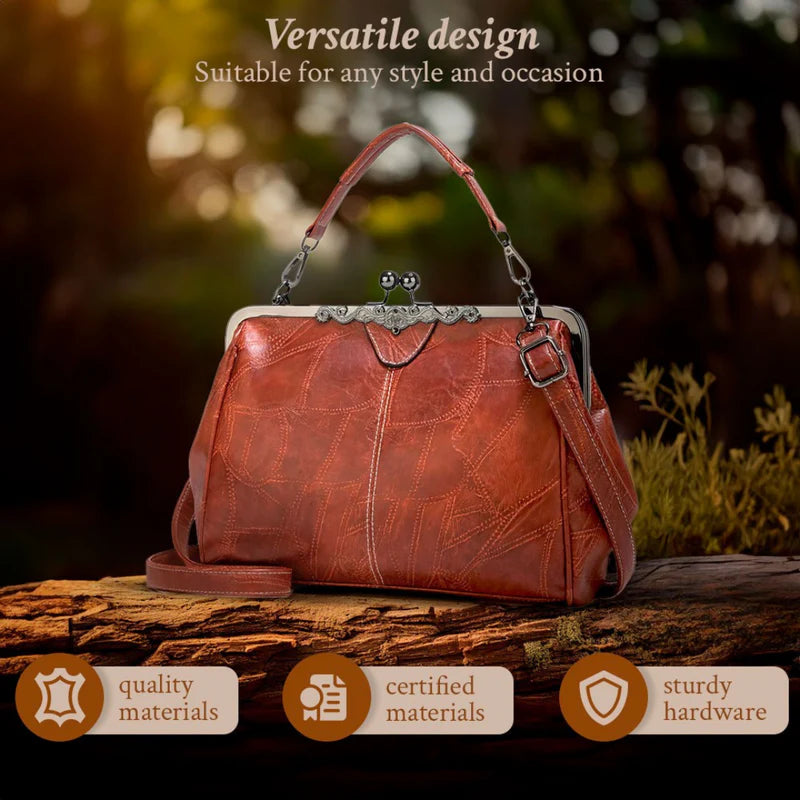 ClaspChic™ Elegant Kiss-Lock Leather Tote Handbag