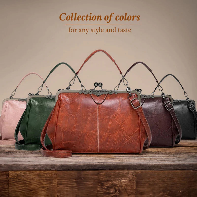 ClaspChic™ Elegant Kiss-Lock Leather Tote Handbag