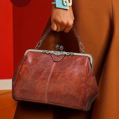 ClaspChic™ Elegant Kiss-Lock Leather Tote Handbag