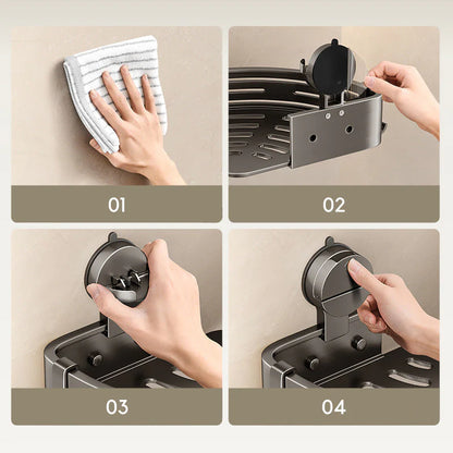 CornerHold Minimalist Corner Shelf - close-up of suction cup mechanism securing shelf to tile