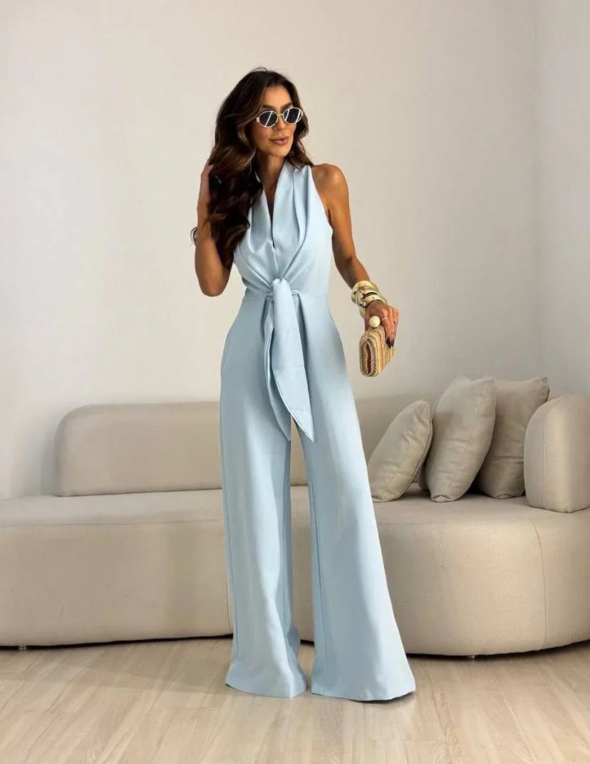 Debora Elegant Draped Wide Leg Jumpsuit - main front view with draped neckline