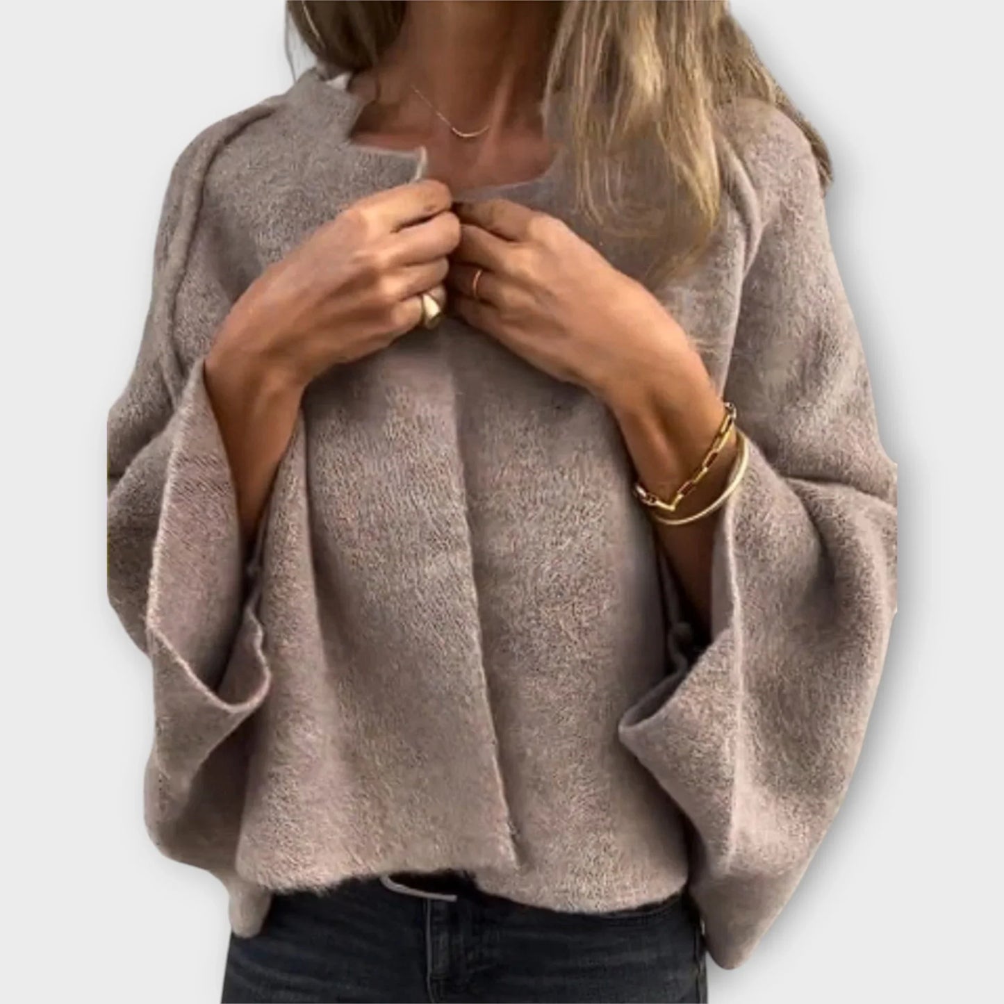 Edvige Neutral Draped Knit Top - main front view of the draped knit top