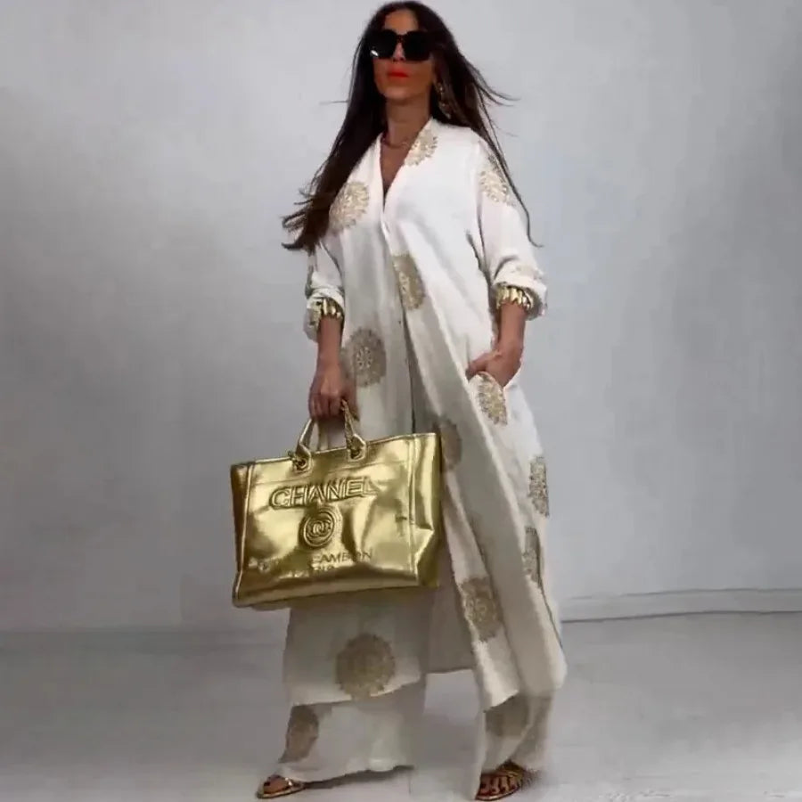 Edvige Embroidered Dubai-Inspired Modest Two-Piece Set - main front view of the full outfit