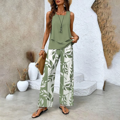Elena Bertozzi Effortless Printed Matching Set - content graphic of printed pants and round neck top set