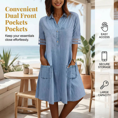 Emma Relaxed Fit A-Line Denim Dress with Mesh Sleeve Detail - back view
