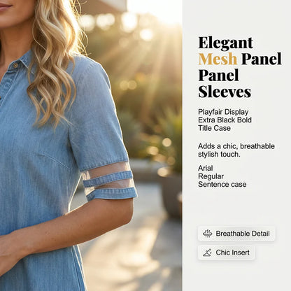 Emma Relaxed Fit A-Line Denim Dress with Mesh Sleeve Detail - three-quarter view