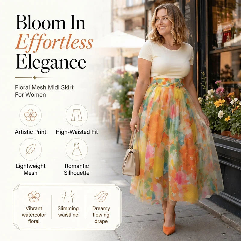 Federica Women's Watercolor Floral Tulle Midi Skirt - main front view of floral tulle midi skirt
