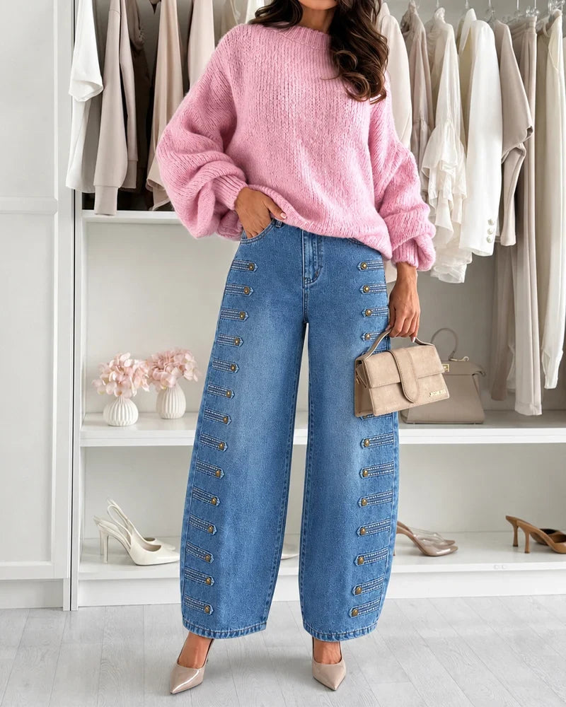 Felicia Brentani Women's Wide Leg High Waisted Side Button Distressed Denim Jeans - main front view
