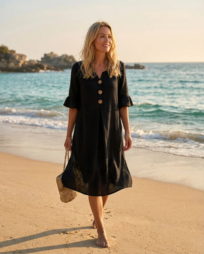 Francesca Zofia Light Linen Dress with Buttons - back view