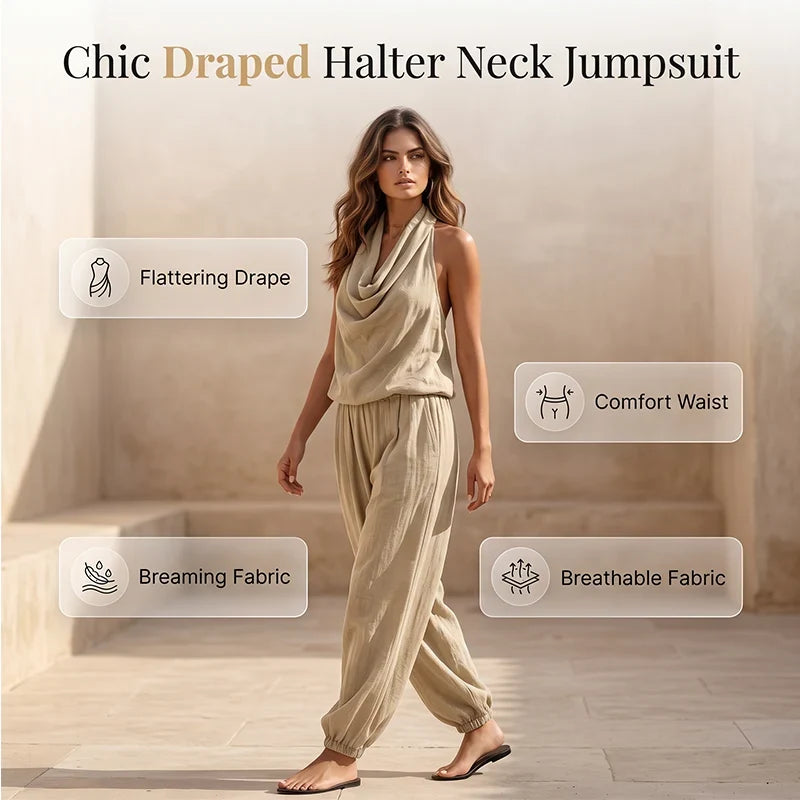 Gelsomina Chic Draped Halter Neck Jumpsuit - main front view of draped halter neck jumpsuit