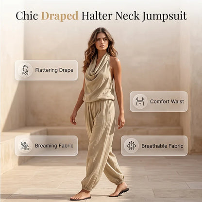 Gelsomina Chic Draped Halter Neck Jumpsuit - main front view of draped halter neck jumpsuit