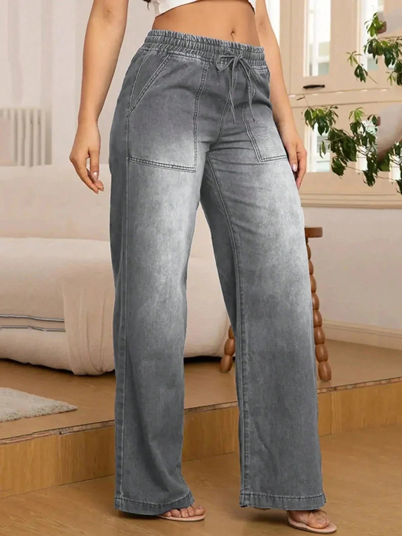 Gelsomina Rapuano™ Comfy Wide Leg Drawstring Jeans for Everyday Wear