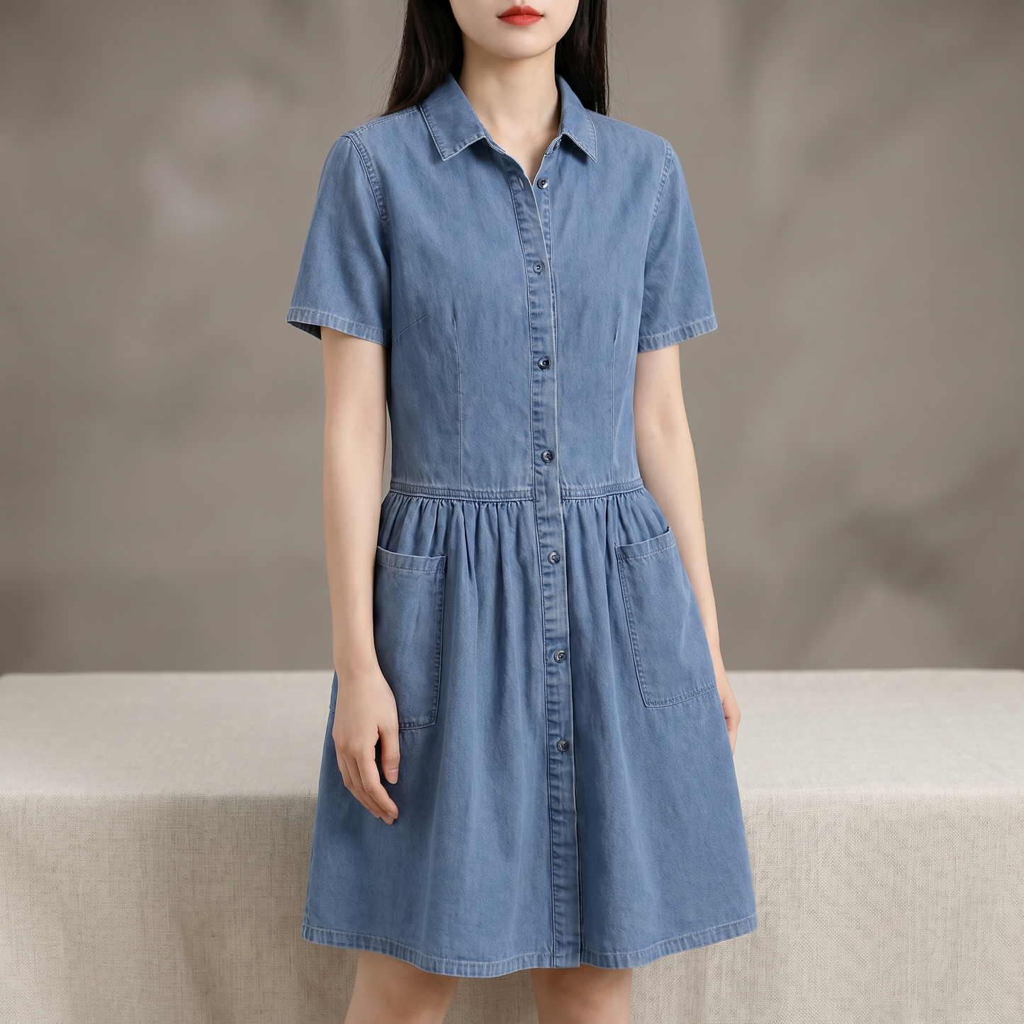 Lucia Riva™ Casual Lightweight Denim Look Midi Dress with Short Sleeves
